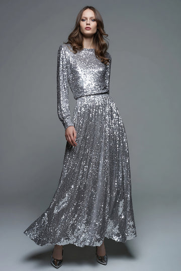 Long Sleeve A-Line Silver Formal Dress With Sequins